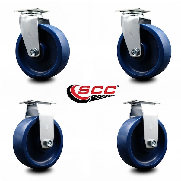 6 Inch Solid Polyurethane Caster Set with Roller Bearings 2 Swivel 2 Rigid